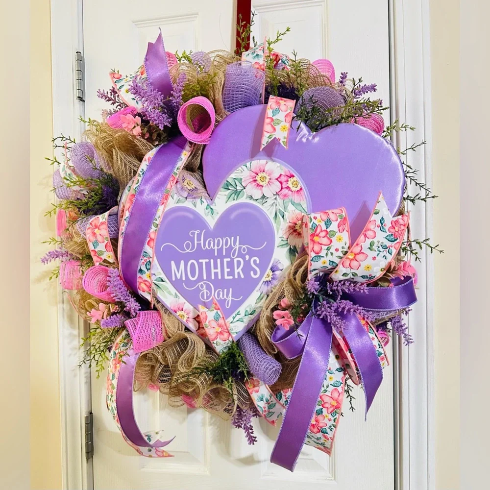 Happy Mother's Day Purple Heart Wreath with Floral Accents